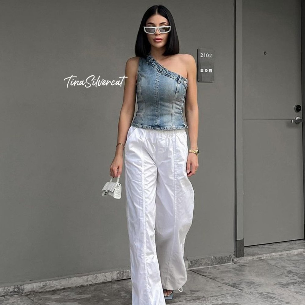 Zara Denim One Shoulder Top Blue NWT